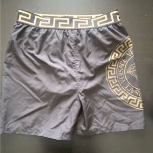 Versace Boy’s medusa Greek key swim trunks size 12 black gold MSRP $278 lined